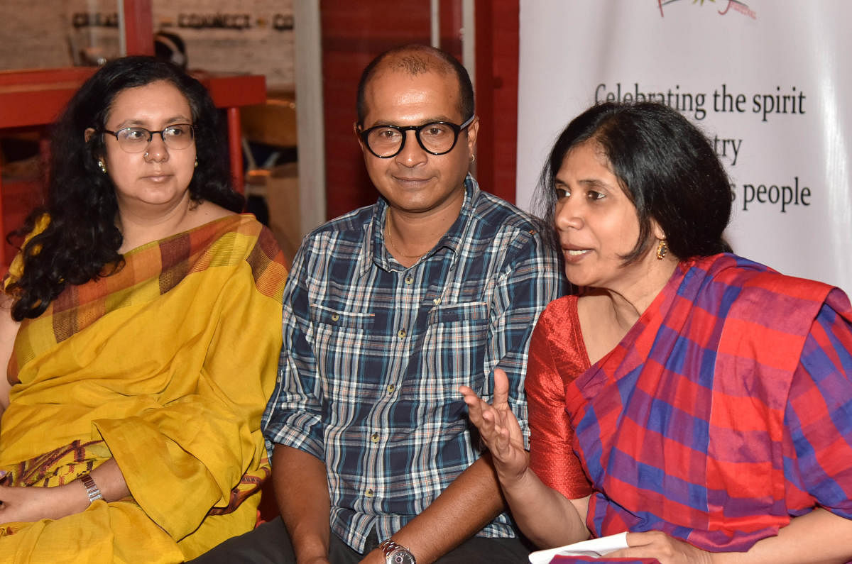 (L-R) Atta Galatta co-founders Lakshmi Subodh, Subodh Sankar and Bengaluru Poetry Festival director Shinie Antony at a press conference on Tuesday. DH PHOTO/Janardhan B K