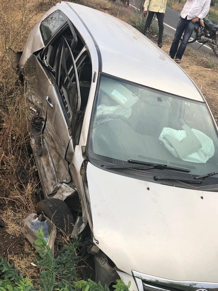 The mangled car of Khanapur MLA Dr Anjali Nimbalkar, after it met with an accident on Friday near Solapur in Maharashtra.