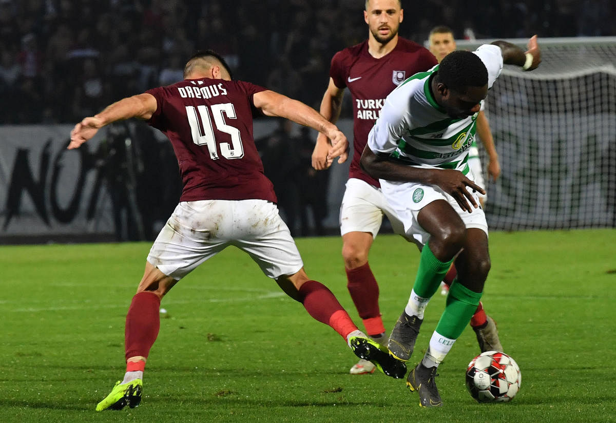 Odsonne Edouard of Celtic F.C. (R) vies with Mirko Oremus of F.K. Sarajevo (L) during the UEFA Champions League first round qualifier match between Sarajevo and Celtic Glasgow, in Sarajevo. (Photo AFP)