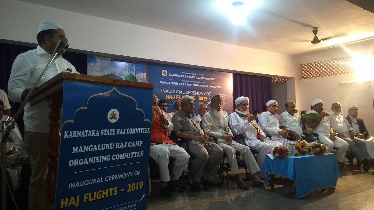 District In-charge Minister U T Khader speaks at the inaugural ceremony of Hajj flights on the Ansar school campus in Bajpe on Wednesday.