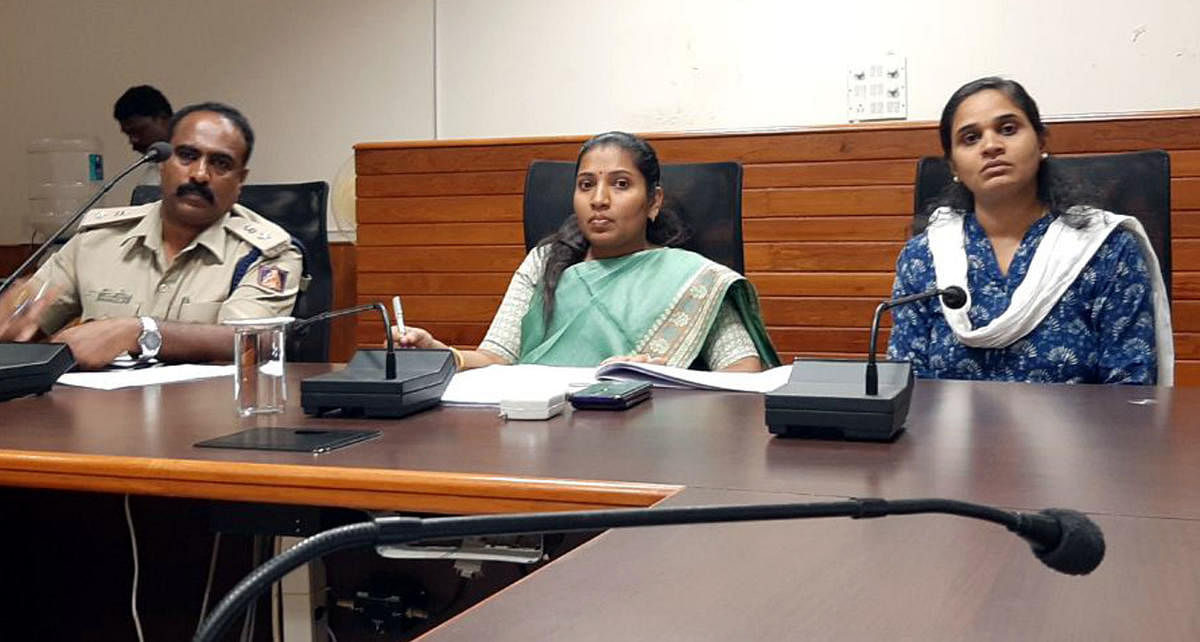 Deputy Commissioner Hephsiba Rani Korlapati chairs a meeting in the DC’s office in Manipal on Wednesday.