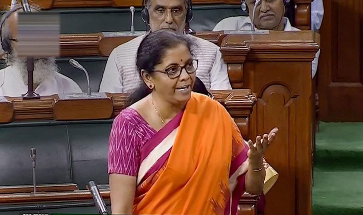 Union Finance Minister Nirmala Sitharaman speaks in the Lok Sabha during the Budget Session of Parliament, in New Delhi, Thursday, July 18, 2019. (LSTV/PTI Photo)