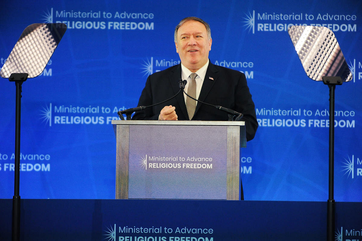 US Secretary of State Mike Pompeo discusses "the state of religious freedom around the world" in an address to the second Ministerial to Advance Religious Freedom at the State Department in Washington on July 18, 2019. (REUTERS)