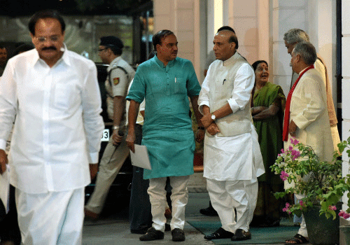 Union Ministers Rajnath Singh, M.Venkaiah Naidu, Sushma Swaraj and Anant Kumar after the party's parliamentary board meeting at the party headquarters in New Delhi on Sunday. PTI Photo
