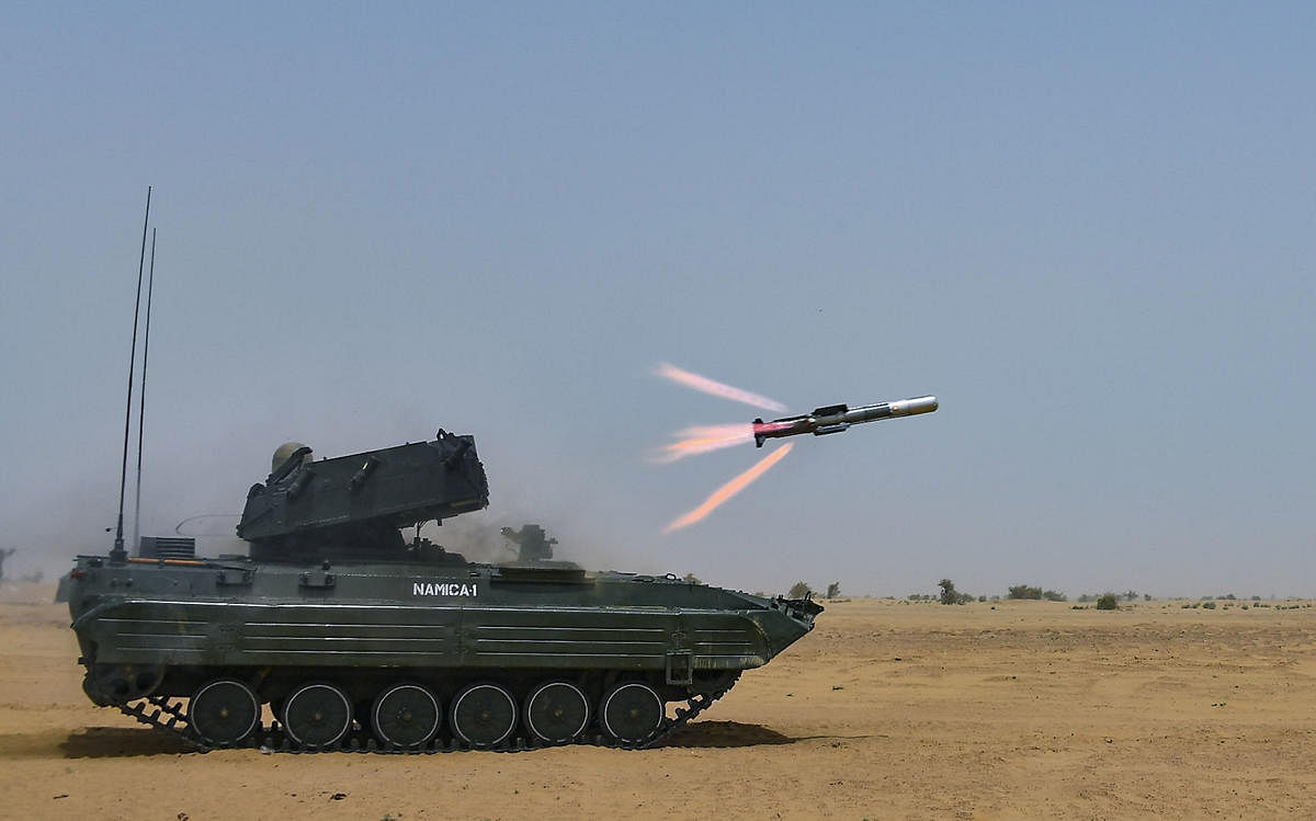 Indian Army successfully carries out summer user trials of DRDO developed third Generation Anti-Tank Guided Missile NAG at Pokhran Field Firing Ranges, in Jaisalmer. (PTI Photo)
