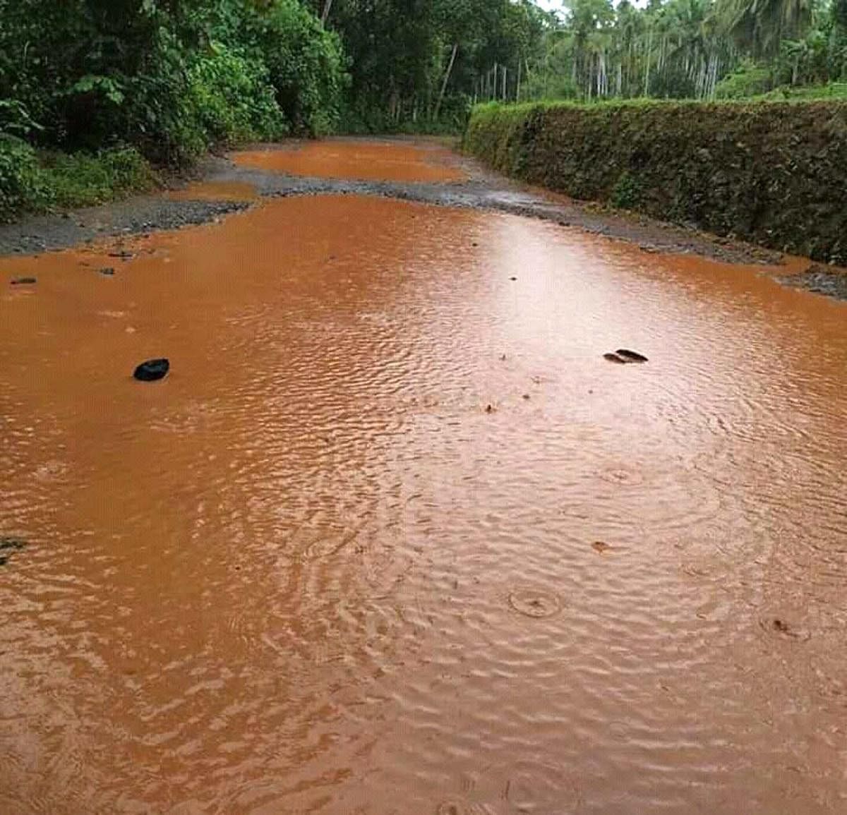 The waterlogged road at Kinningar on Badiadka-Ethadka stretch in Kasargod district in Kerala.