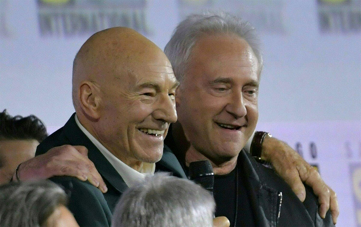 Actors Patrick Stewart (L) and Brent Spiner appear on onstage during the “Star Trek: Picard” panel in Hall H at the Convention Center during Comic Con in San Diego. AFP
