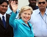 US Secretary of State Hillary Clinton waves as she arrives in New Delhi on Sunday. AFP