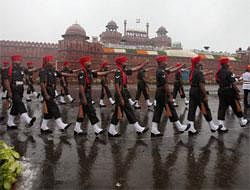 Jawans leave after the 65th Independence Day function at the historic Red Fort in New Delhi on Monday. PTI