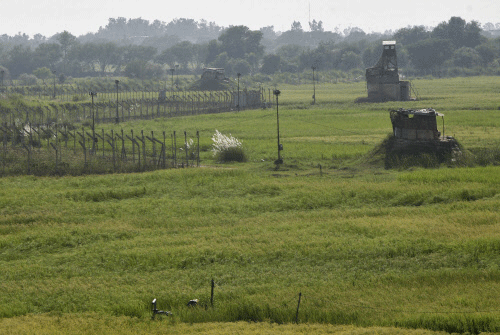Indian security posts are seen along the border between India and Pakistan in Suchetgarh. Reuters