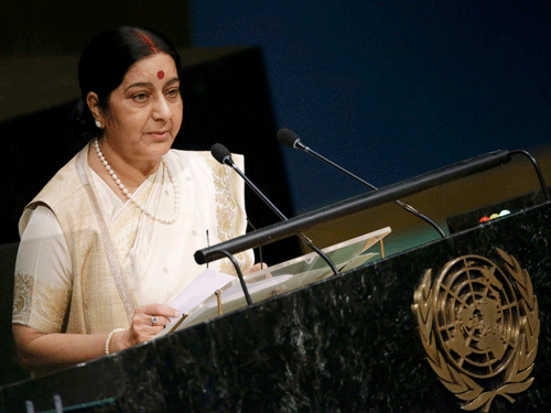 India's Minister of External Affairs Sushma Swaraj addresses attendees during the 70th session of the United Nations General Assembly at the U.N. Headquarters in New York, October 1, 2015. REUTERS Photo