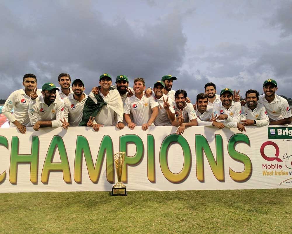 Pakistan won a thrilling third and final Test with six balls to spare to clinch a first series victory in the West Indies. Credit: Twitter/ PCB Official