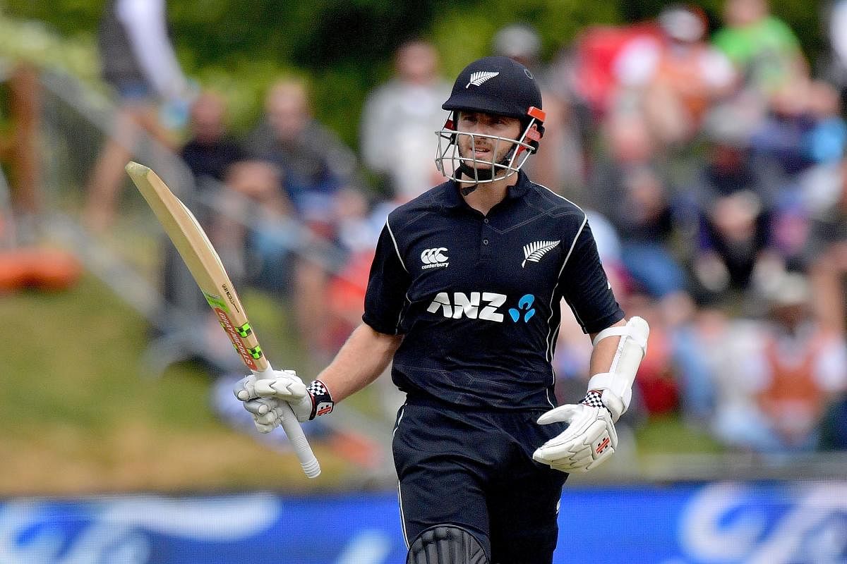 New Zealand's captain Kane Williamson celebrates 50 runs during the third one day international cricket match between New Zealand and Pakistan at University Oval in Dunedin on January 13, 2018. / AFP PHOTO / Marty MELVILLE