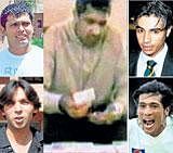 A Pakistani bookie (centre) allegedly receiving bribe from an undercover British reporter (not in pic). Kamran Akmal (top left), Asif Mohammed (bottom left), Salman Butt (top right) and Mohammed Aamer (bottom right). PTI