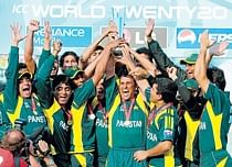 Numero uno: Pakistani skipper Younis Khan (centre) and his team-mates are over the moon after their victory in the World T20 final on Sunday. Reuters
