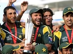 Pakistan's players celebrate with the trophy after defeating Sri Lanka in the Twenty20 World Cup final. AP