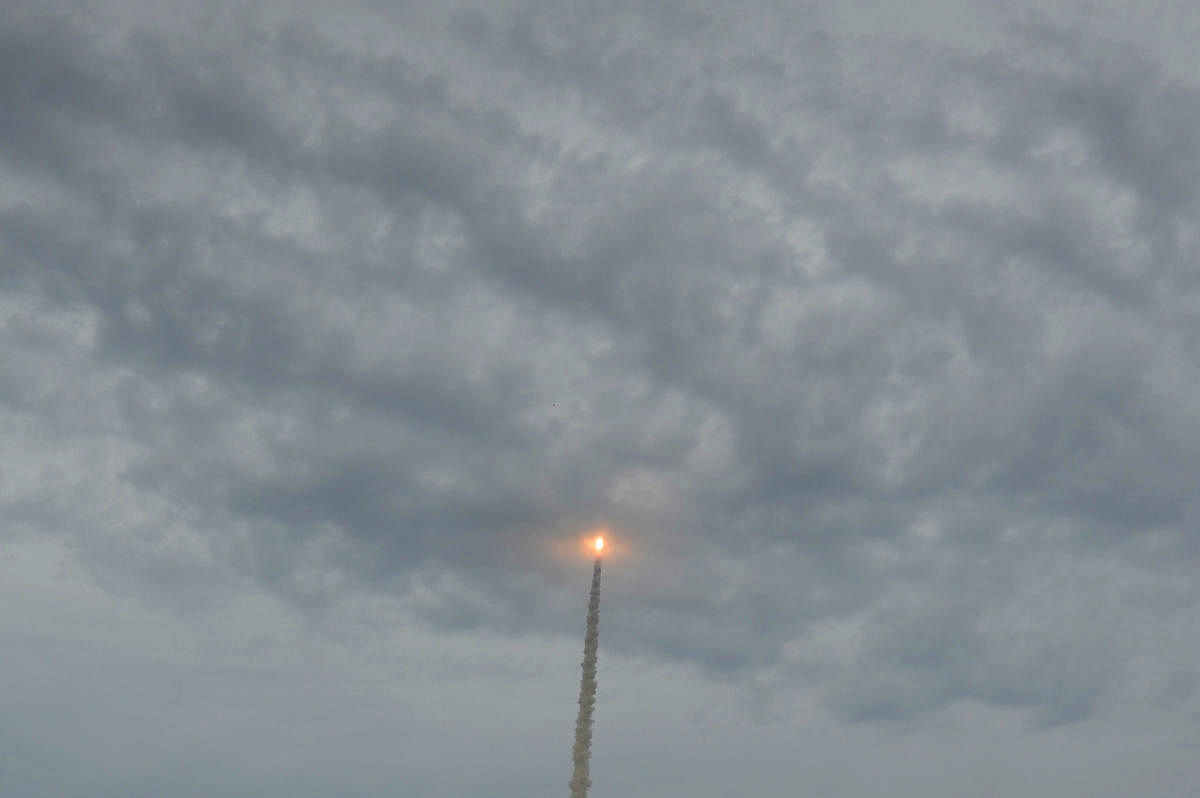 GSLV Mark III, the rocket that is being used for the Chandrayaan-2 mission takes off from Satish Dhawan Space Centre (SDSC) SHAR, Sriharikota, on Monday. | DH Photo: Pushkar V