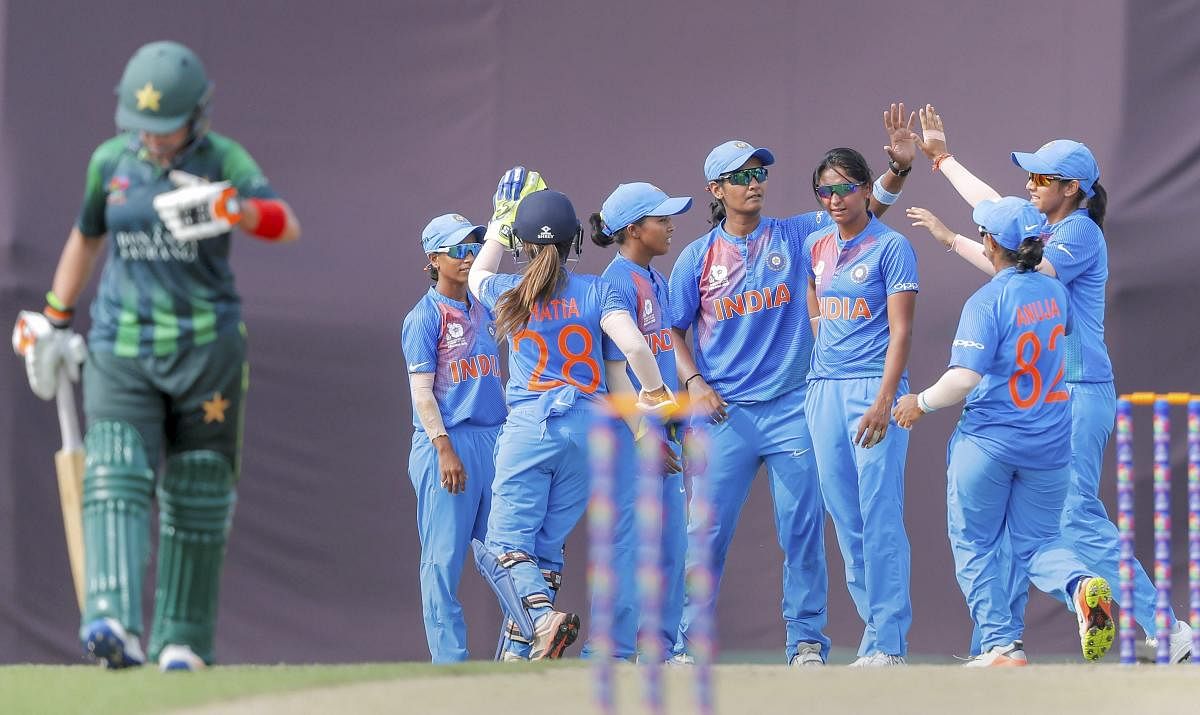 lndian women team members celebrate wicket of Javeria Khan of Pakistan during Women's Twenty20 Asia Cup between the two countries in Kuala Lumpur, Malaysia on Saturday, June 09 2018. (PTI Photo)