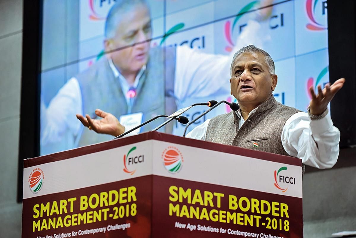 Minister of State for External Affairs V K Singh speaks during the FICCI’s ‘Smart Border Management 2018’ conference at FICCI, in New Delhi, on Monday. PTI