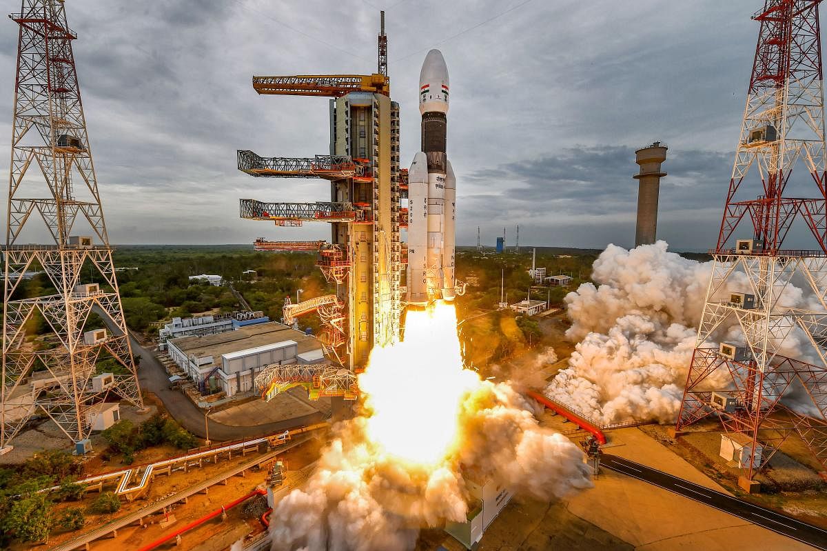 Sriharikota: India’s second Moon mission Chandrayaan-2 lifts off onboard GSLV Mk III-M1 launch vehicle from Satish Dhawan Space Center at Sriharikota in Andhra Pradesh, Monday, July 22, 2019. ISRO had called off the launch on July 15 after a technical snag was detected ahead of the lift-off. (ISRO/PTI Photo)