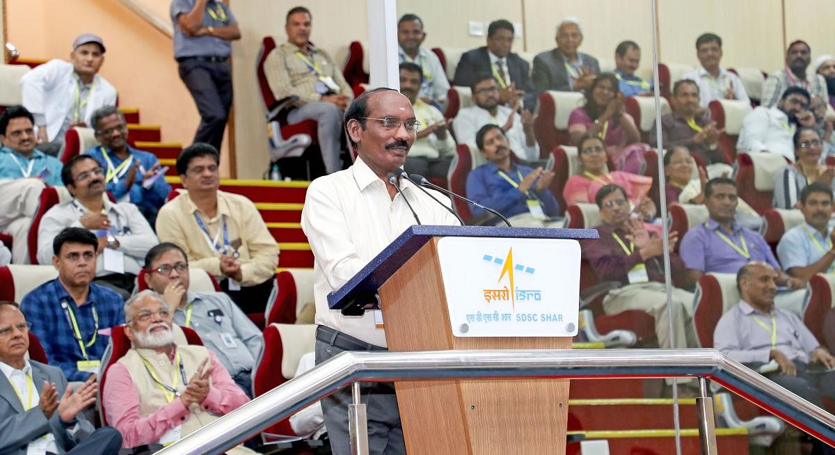 Indian Space Research Organisation (ISRO) Chairman Kailasavadivoo Sivan's address after the successful launch of GSLV MkIII-M1 rocket carrying Chandrayaan-2 from Satish Dhawan Space Centre, at Sriharikota in Nellore district.  (PTI Photo)