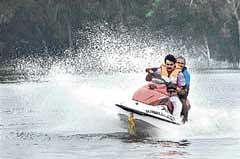S A Ramdas enjoying jet skiing at Varuna lake in Mysore on Saturday.  dh photo