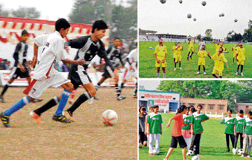 (Clockwise) Players in action during a football match. Boys play with football. Girls practise in the field.