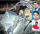 The mangled remains of the car. (from top) Pradeep J Bhat, Prabod Kishore Behra and Richard Blancho. dh photo