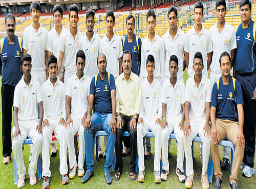 CHAMPS Jawahar Sports Club, winners of the KSCA U-19 inter club tourney. (from left) STANDING: Raghavendra Rao, Shreyas BM, Prajith, Himadri M, Punith S, S MRajkumar, Govindappa (Coach), Akshay M, Pavan N, Ashish Yadav, Prateek, Nisheet Doshi; SITTING: Madan Mohan, Tejas Gowda, Jayesh Babu, YB Basvaraj, L Prashanth (Secretary), Kishan S Bedare, SJ Nikin Jose, Naveen G, CB Karthi.