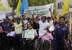 Indian para athletes protesting against alleged corruption and mismanagement in the Paralympics Committee of India. AP
