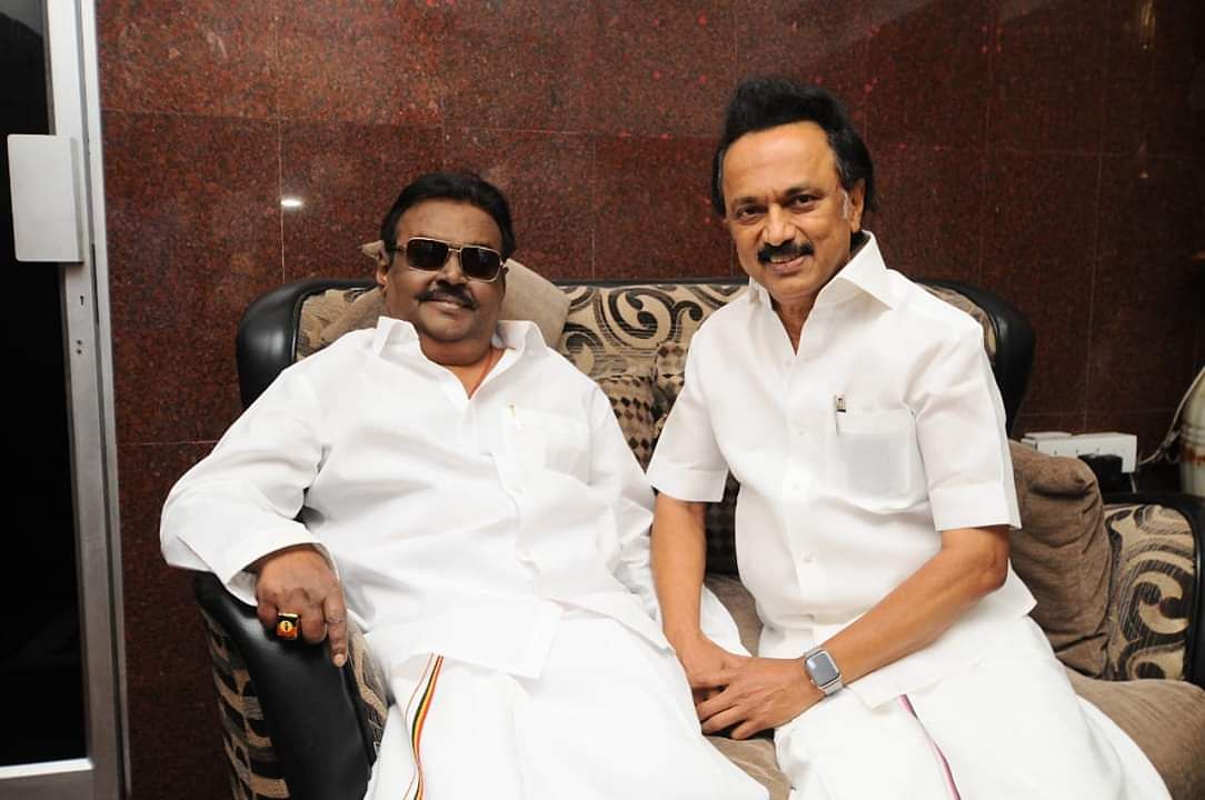 M K Stalin's surprise visit to DMDK chief Vijayakanth sent political tongues wagging with speculation mounting on whether the latter was joining the DMK-led alliance to face the Lok Sabha polls due in May. (Twitter/MK Stalin)