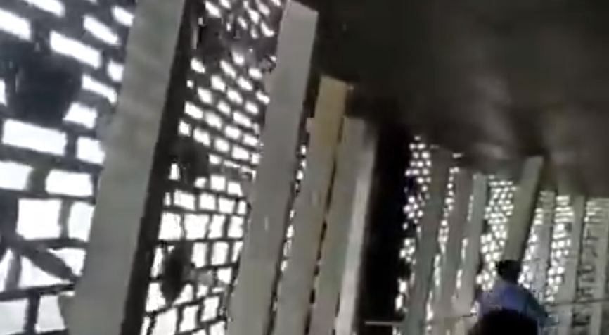 Rainwater drips through the viewing gallery ceiling in Statue of Unity. (Photo: Screengrab from Twitter video)