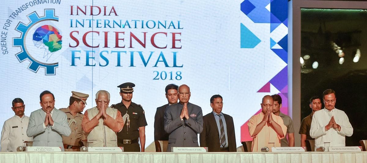 President Ram Nath Kovind, Uttar Pradesh Governor Ram Naik and Chief Minister Yogi Adityanath and others dignitaries at the India International Science Festival (IISF), in Lucknow, Saturday. PTI
