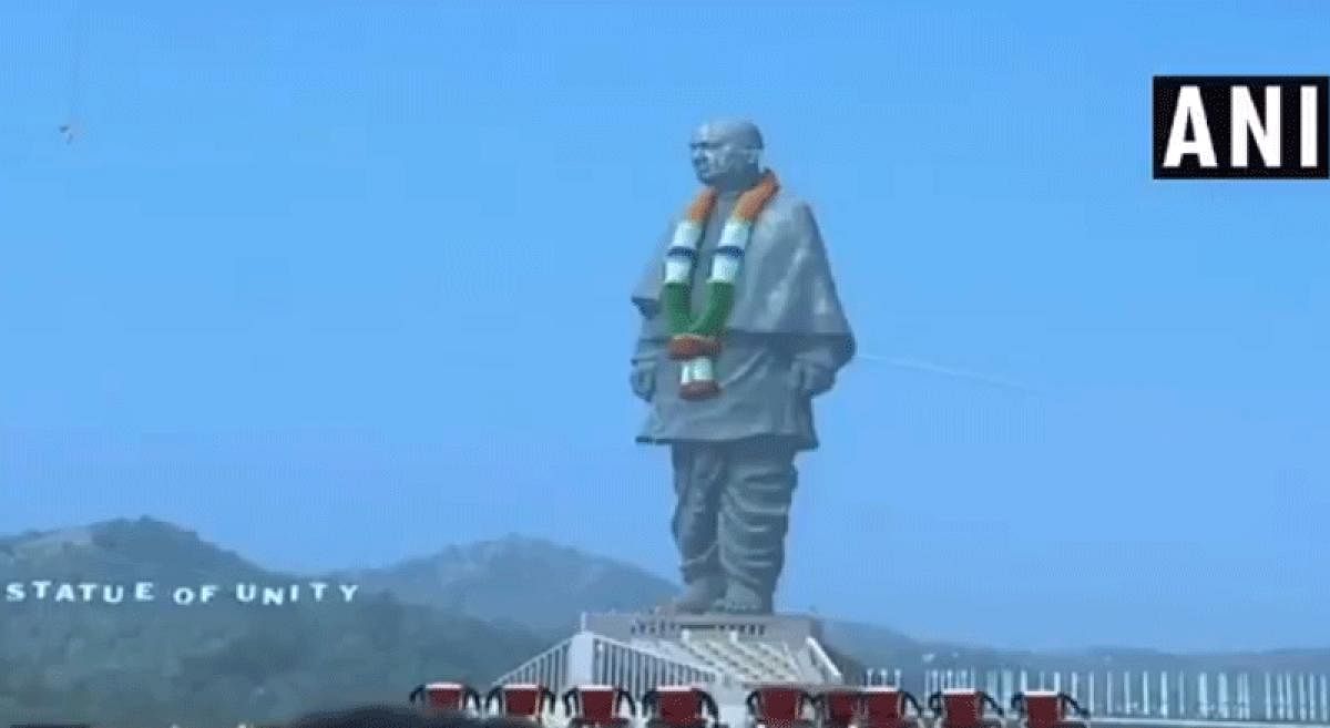 The imposing monument is twice the height of the Statue of Liberty in the US and is built on an islet, Sadhu Bet, near the Sardar Sarovar Dam in Gujarat's Narmada district. (Image: Screengrab/ANI Twitter)