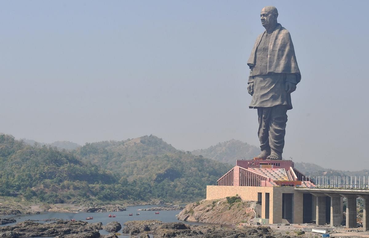 A view of the Statue of Unity, in Kevadiya colony in Narmada district, Wednesday, Oct 31, 2018. Prime Minister Narendra Modi dedicated to the nation this 182-metre statue of Sardar Vallabhbhai Patel, believed to be the tallest in the world. PTI Photo