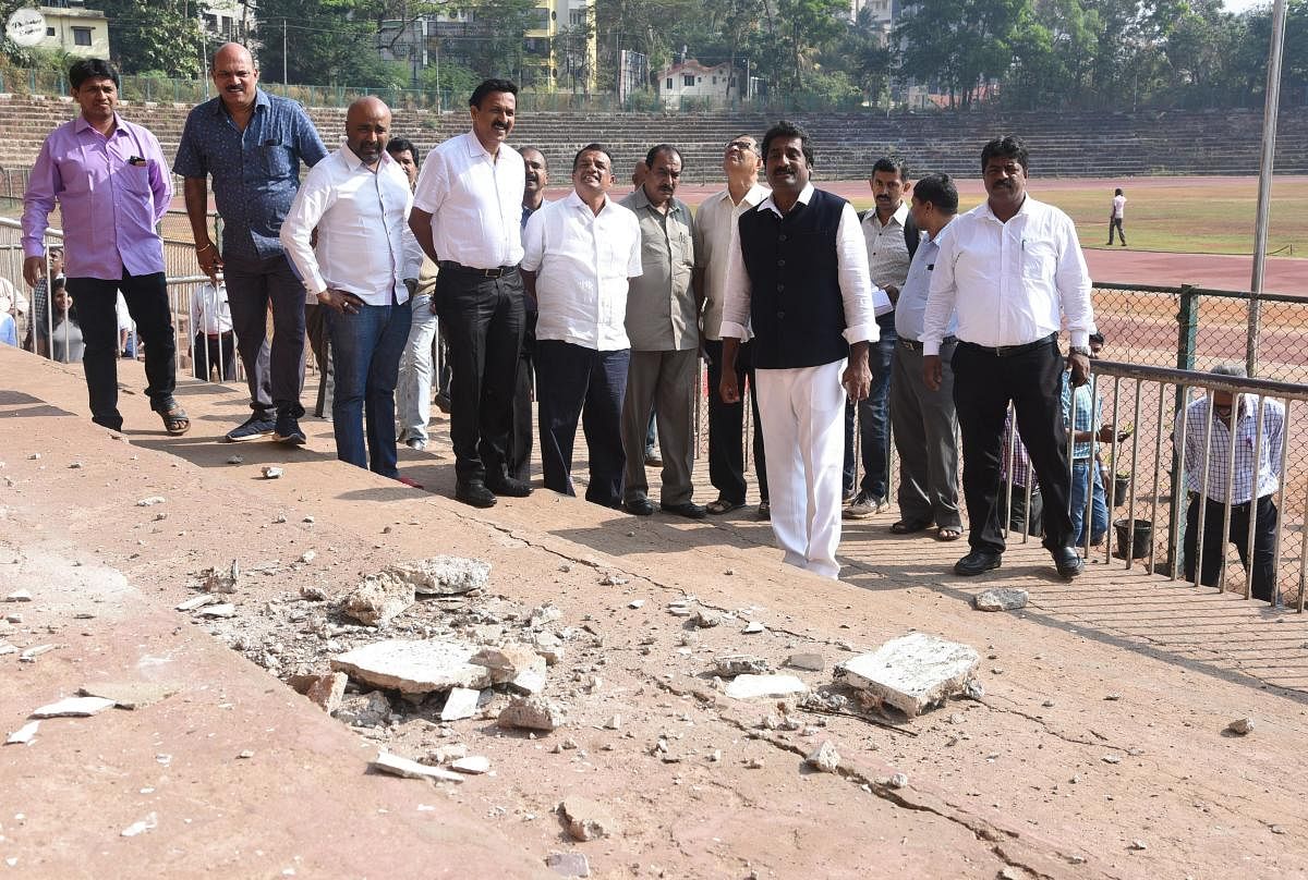 Minister for Youth Empowerment and Sports Rahim Khan inspects the Mangala Stadium in Mangaluru on Tuesday.