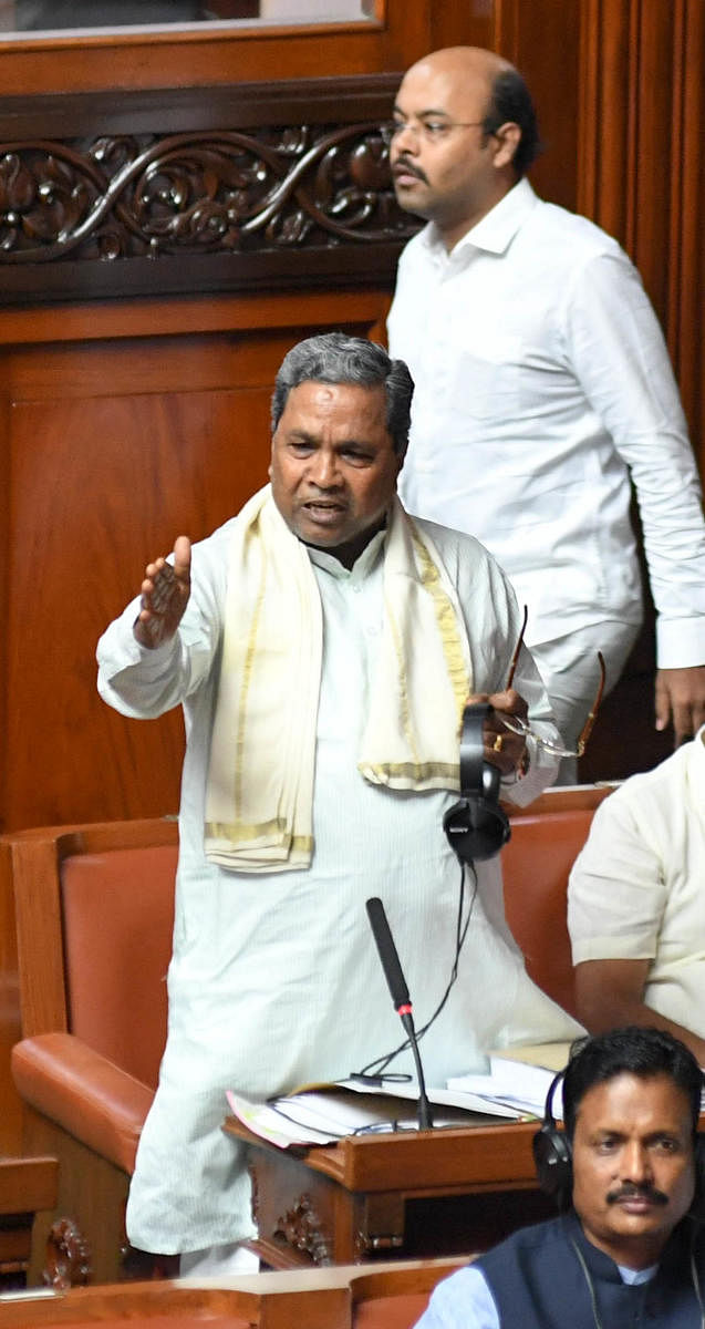 Former chief minister Siddaramaiah speaks during the confidence motion moved by Chief Minister HD Kumaraswamy in the Assembly in Bengaluru on Monday. (DH Photo/ B H Shivakumar)