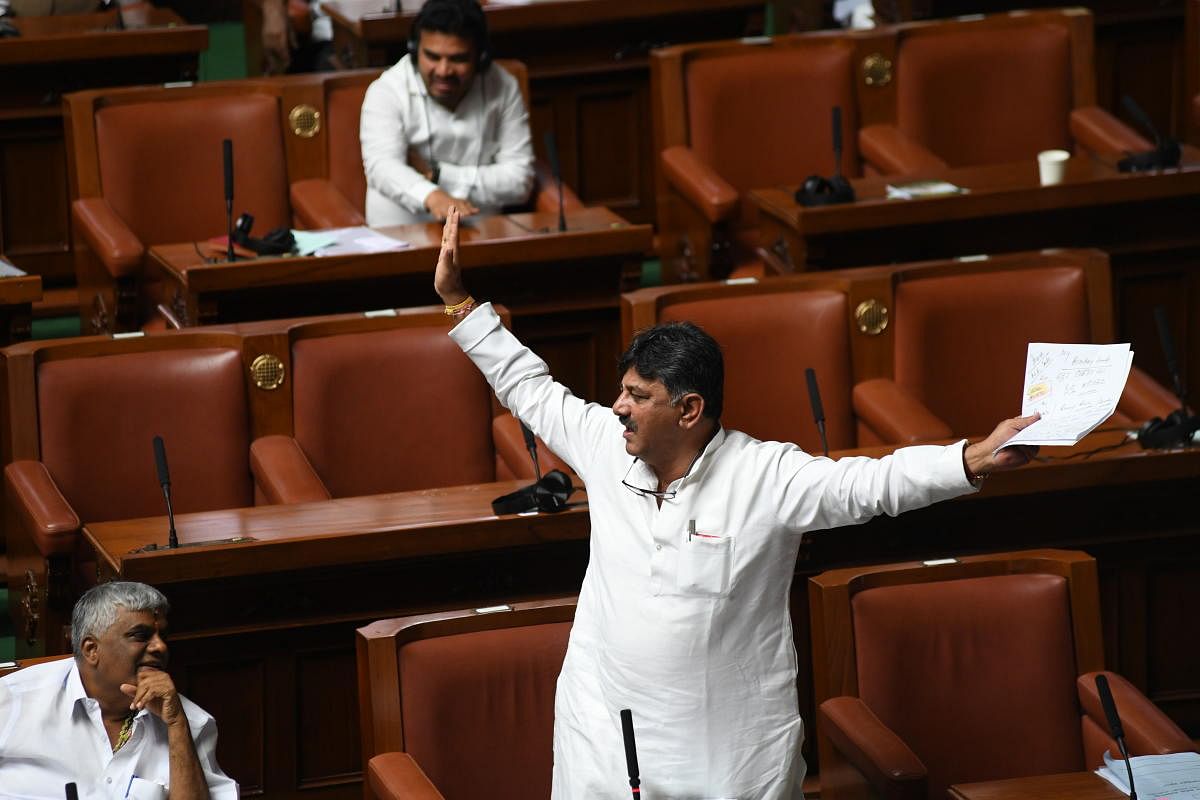 Minister DK Shivakumar speaking during the confidence motion, moved by Chief Minister HD Kumaraswamy, in the Assembly, at Vidhana Soudha in Bengaluru, Tuesday, Photo/ B H Shivakumar