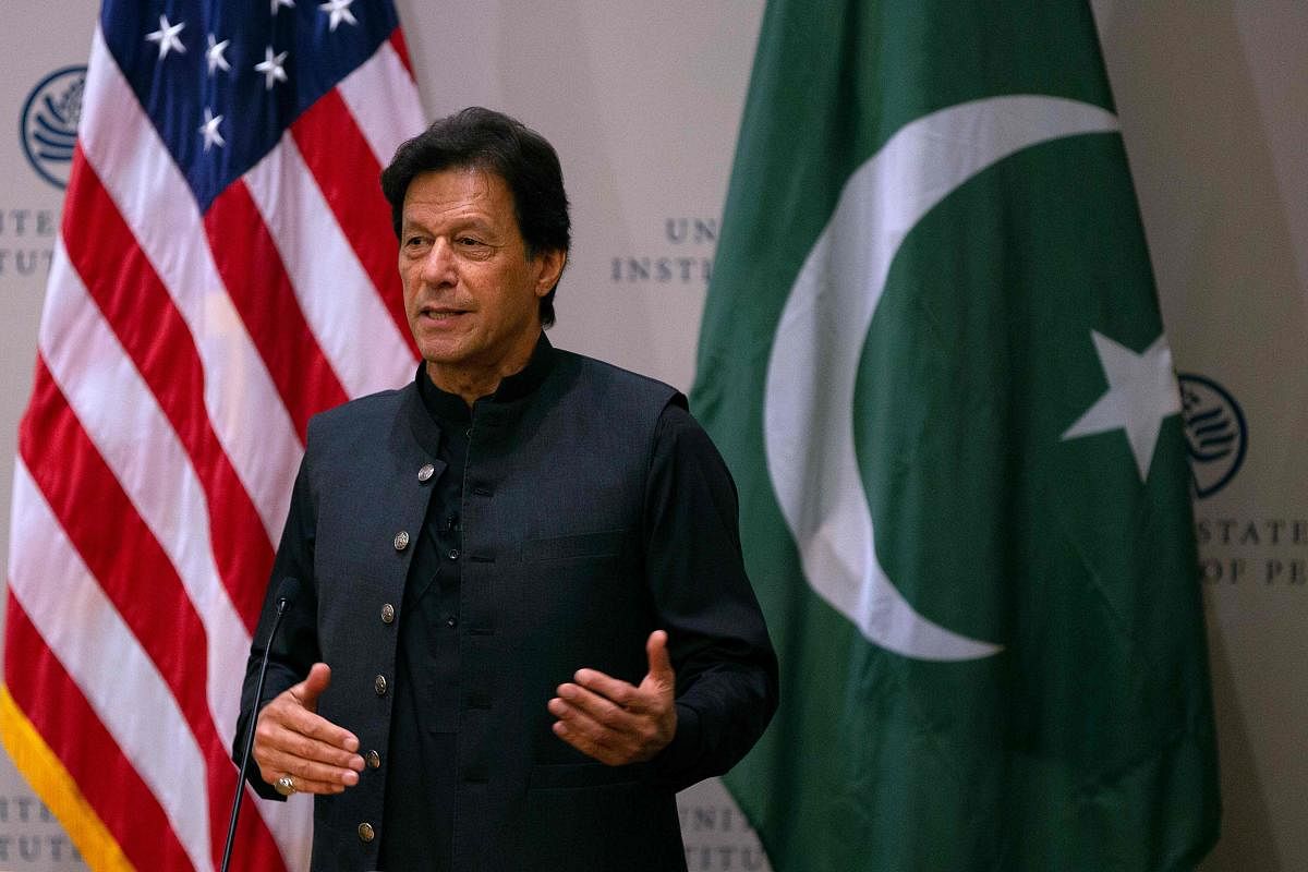 Pakistani Prime Minister Imran Khan speaks at the United States Institute of Peace (USIP) in Washington, DC (AFP Photo)