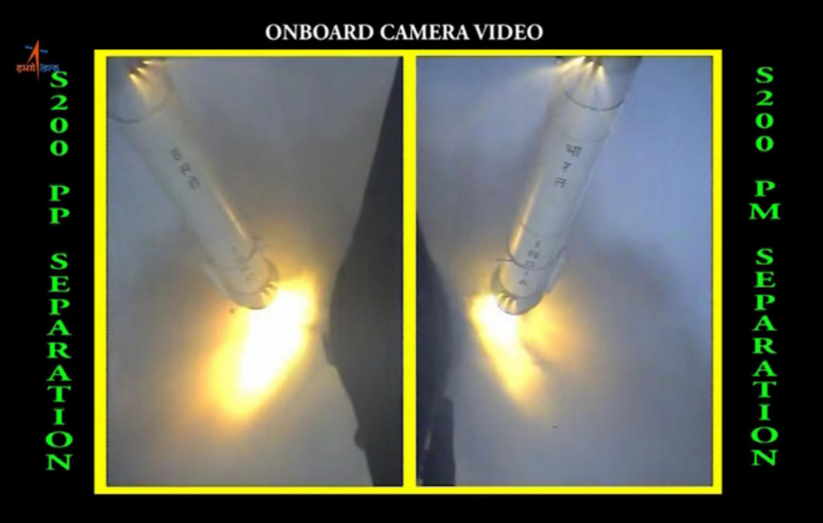 Isro released a video of the GSLV Mk III launch vehicle's S200 Solid Rocket Boosters getting ignited and separating. The video was shot from Chandrayaan-2 onboard camera. Photo: ISRO