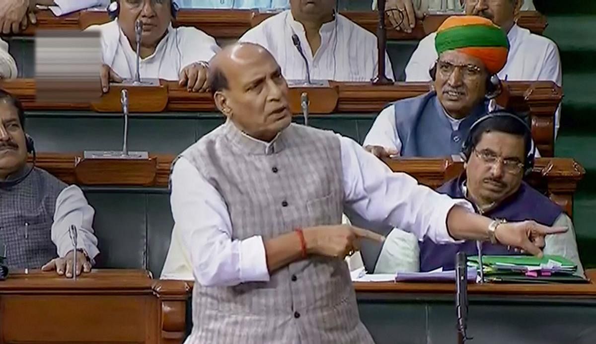 New Delhi: Union Defence Minister Rajnath Singh speaks in the Lok Sabha during the Budget Session of Parliament, in New Delhi, Wednesday. (PTI Photo)