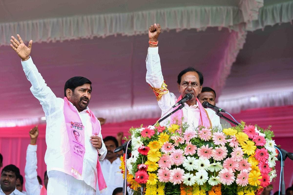 K Chandrasekhar Rao was sworn in as chief minister of Telangana for the second consecutive time here at a simple ceremony in Raj Bhavan on Thursday. PTI file photo
