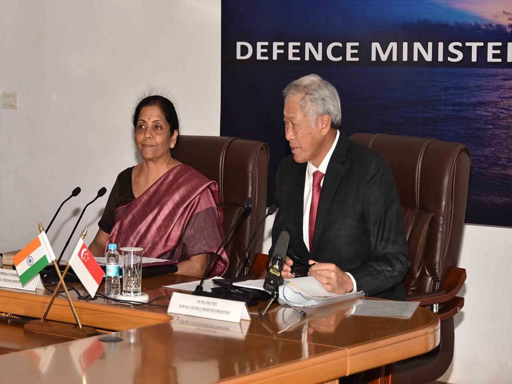 Joint Media Briefing by Smt. Nirmala Sitharaman Minister of Defence and Dr Ng Eng Hen, Minister of Defence of the Republic of Singapore on completion of 3rd DMD. DH photo