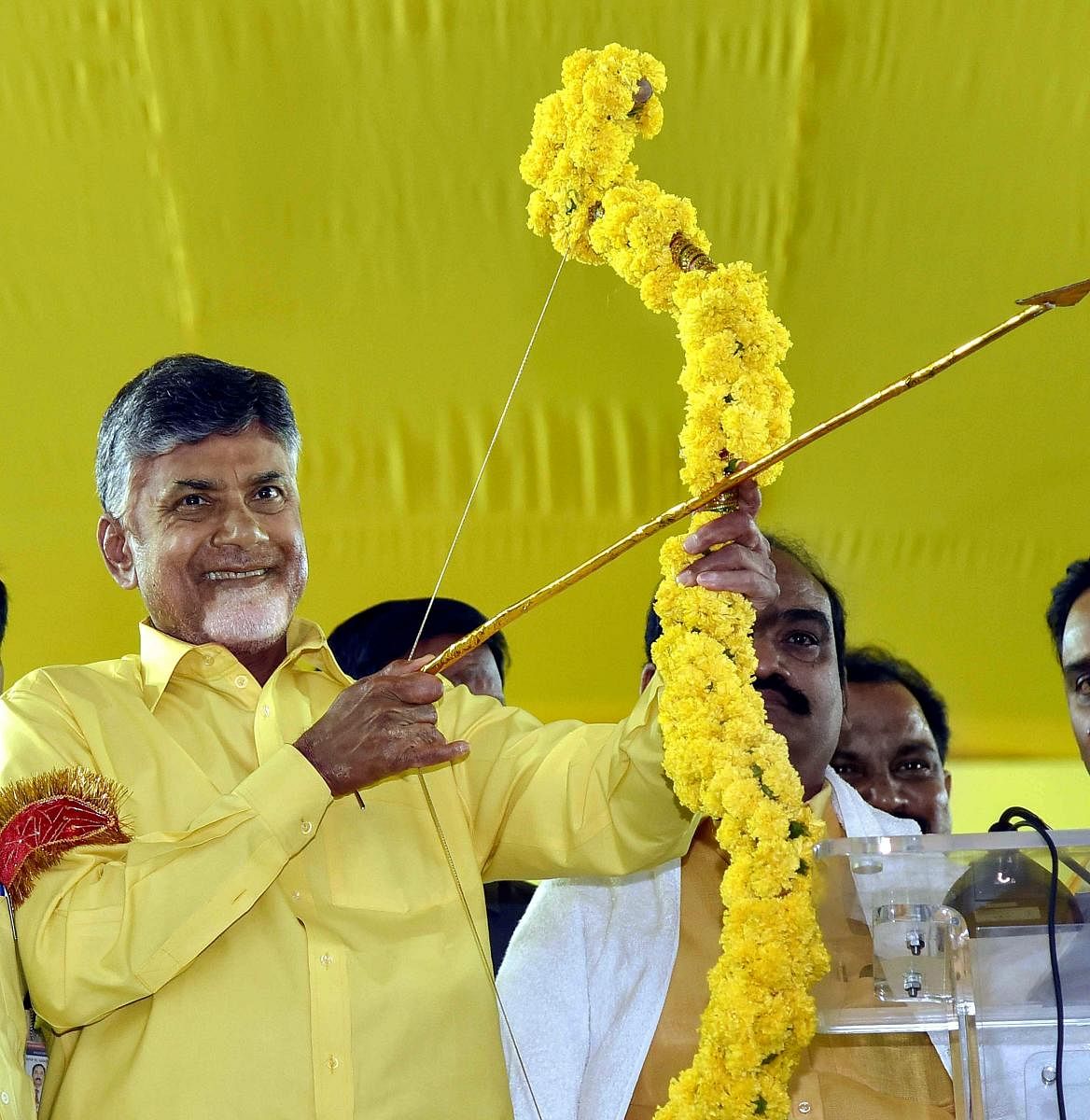 Andhra Pradesh Chief Minister and TDP chief N Chandrababu Naidu at a party election campaign, in Krishna district on Tuesday. PTI photo