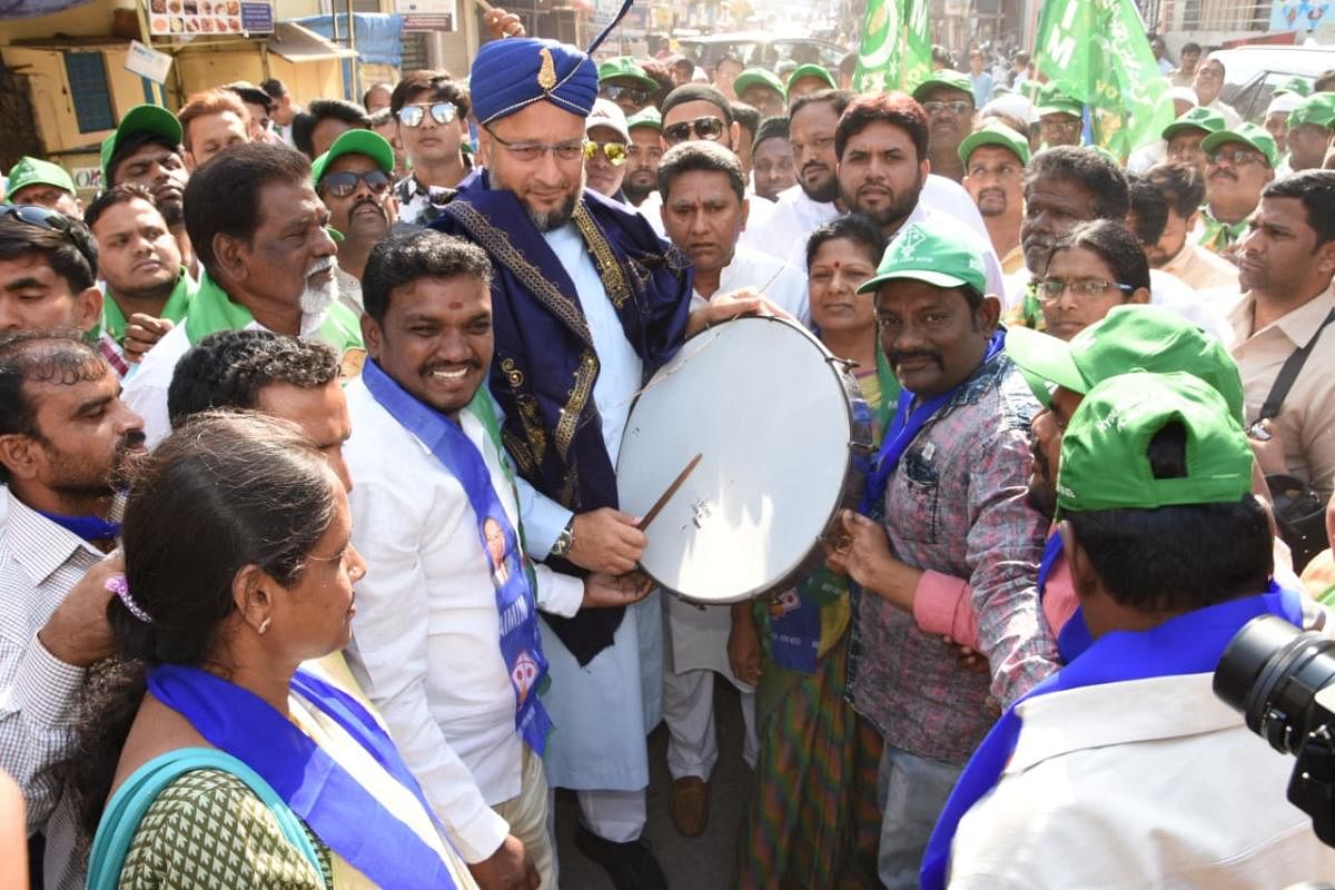 Asaduddin Owaisi campaigning at Chandrayangutta area in Hyderabad on Sunday.