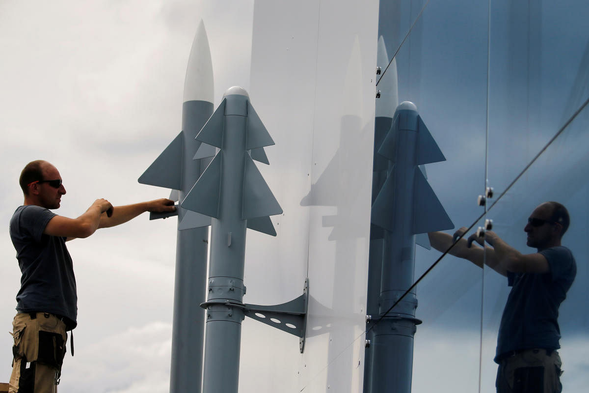 A worker installs two Rafael Air Missile Defence models, before the opening of the 53rd Paris Air Show at Le Bourget Airport near Paris, France June 14 2019. REUTERS/Pascal Rossignol (Representative image)