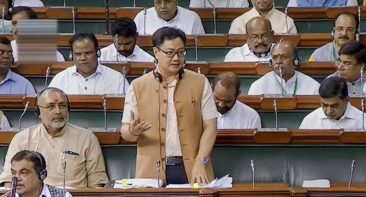 Union Minister of State for Youth Affairs and Sports Kiren Rijiju speaks in the Lok Sabha during the ongoing Budget Session of Parliament, in New Delhi, Thursday, July 25, 2019. (LSTV/PTI Photo)