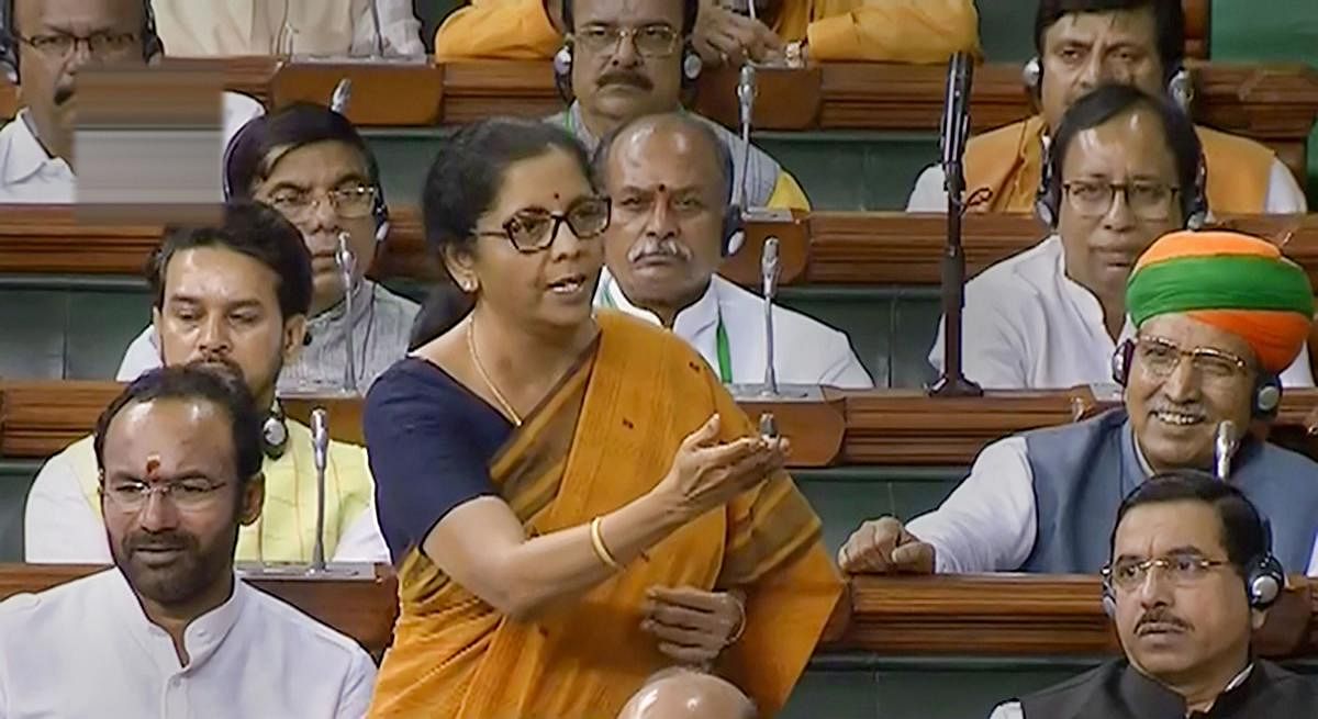 Finance Minister Nirmala Sitharaman speaks in the Lok Sabha during the ongoing Budget Session of Parliament, in New Delhi, Thursday, July 25, 2019. (LSTV/PTI Photo)