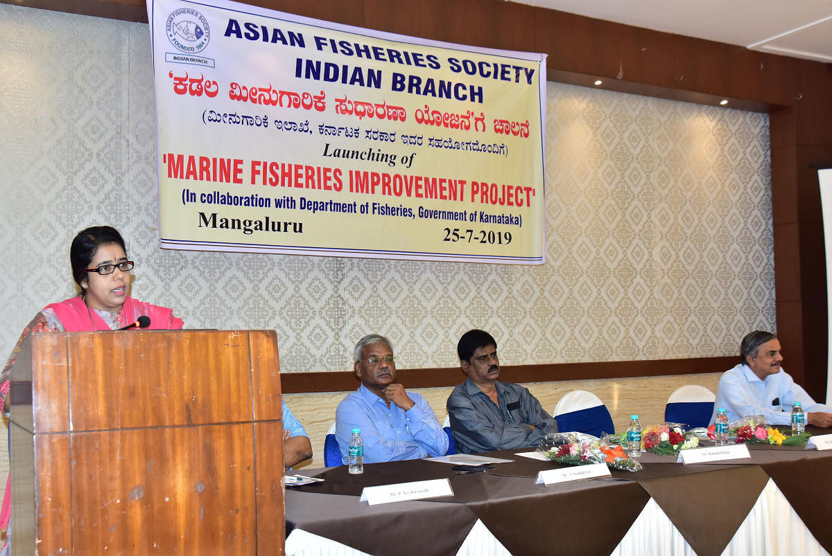 Dakshina Kannada Additional Deputy Commissioner M J Roopa speaks during the launch of 'Marine fisheries improvement project', organised by Asian Fisheries Society Indian Branch in association with Fisheries College, at Hotel Ocean Pearl in Mangaluru on Th