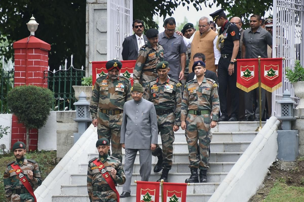 President Ram Nath Kovind accompanied by Jammu and Kashmir Governor Satya Pal Malik and GoC 15 Corps Lt General KJS Dhillon arrive to pay tributes to Kargil war martyrs on the 20th anniversary of Kargil Vijay Diwas. Photo credit: PTI